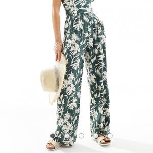 Abercrombie Linen Blend High Rise Wide Leg Pants Green White Floral Small NWT